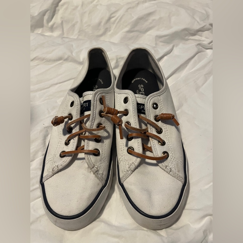 Sperry White Canvas Boat-Style Lace-Up Sneakers with Brown Laces